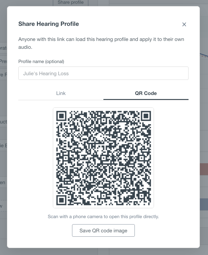 The Share Hearing Profile dialog, showing a QR code for sharing a hearing profile.