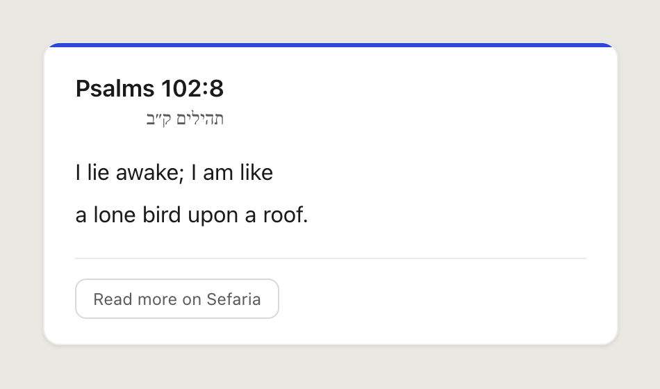 A SeferScroll card showing Psalms 102:8: 'I lie awake; I am like a lone bird upon a roof.'